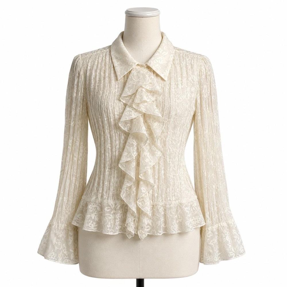 Vintage XL Ivory Satin Top Victorian Renaissance Party Ruffles Romantic Blouse - Picture 1 of 12